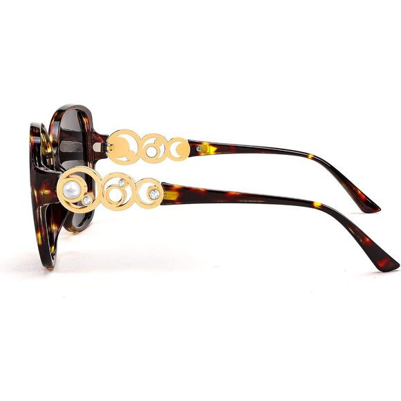 Women's Fashion Square Sunglasses Brown Frame Pearl Sparkling Eyes Protection - Picture 8 of 9